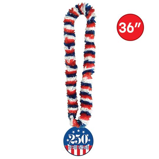 Beistle 36" Red, White & Blue Soft-Twist Poly Leis with Semiquincentennial Medallions, 8ct.
